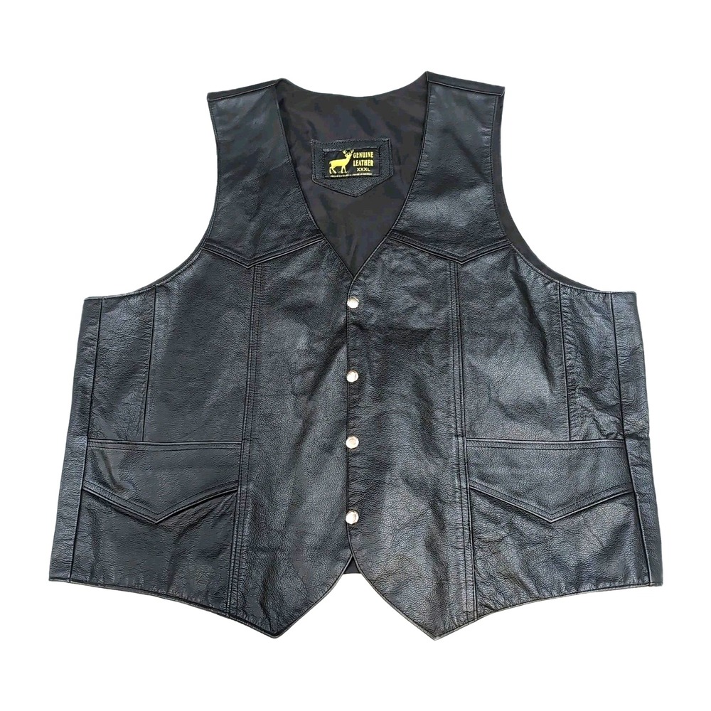 Genuine Leather Western Biker Vest Mens XXXL Black Snap Front Made in Mexico 3XL